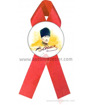 Atatürk  İmzalı Kalpaklı  Fiyonk Rozet Kırmızı