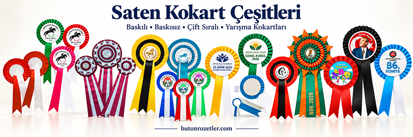Farklı renk ve modellerde saten kokart ve kumaş yaka rozeti çeşitleri